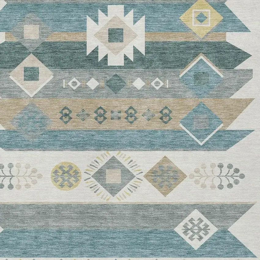 Ivory And Teal Blue Geometric Washable Indoor Outdoor Area Rug Photo 3
