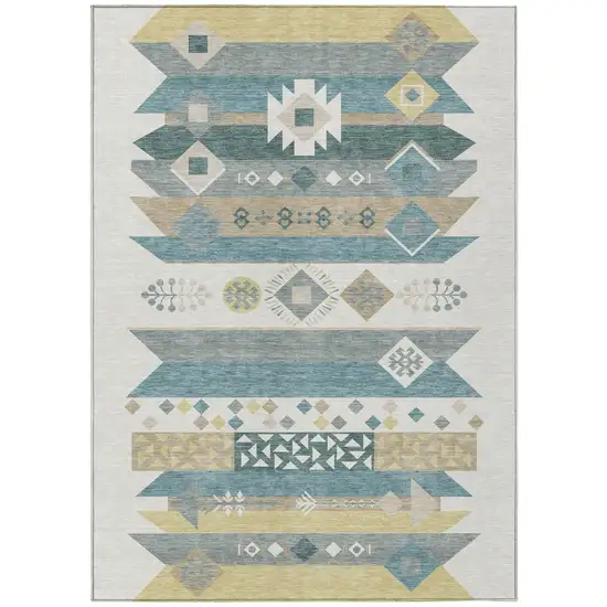 Ivory And Teal Blue Geometric Washable Indoor Outdoor Area Rug Photo 2