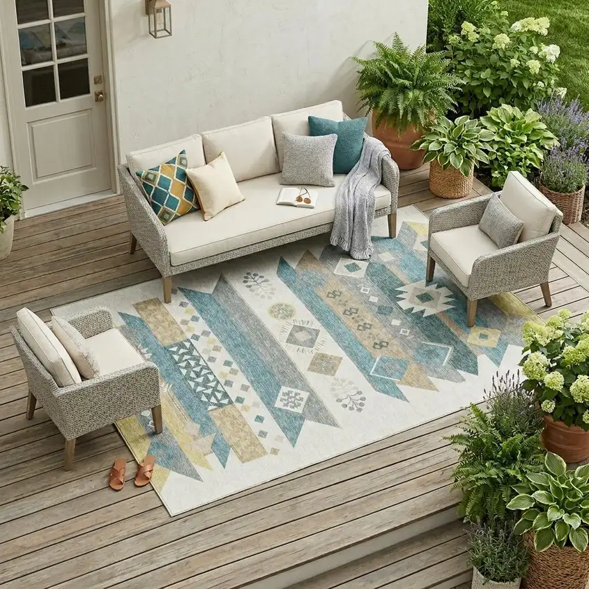 Ivory And Teal Blue Geometric Washable Indoor Outdoor Area Rug Photo 1