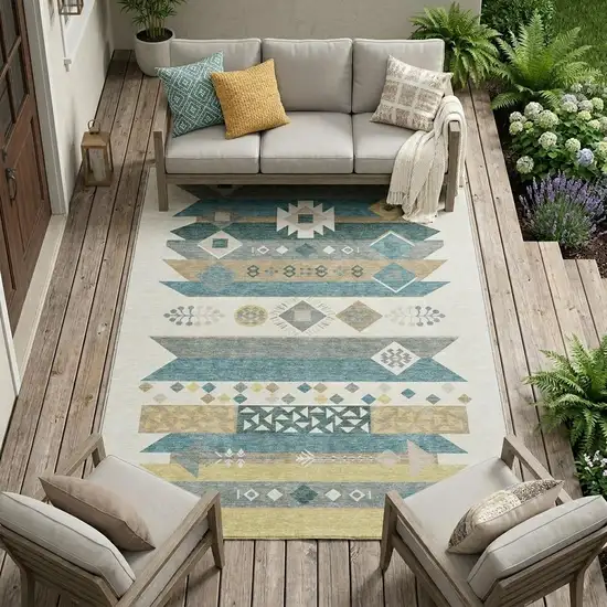 Ivory And Teal Blue Geometric Washable Indoor Outdoor Area Rug Photo 1