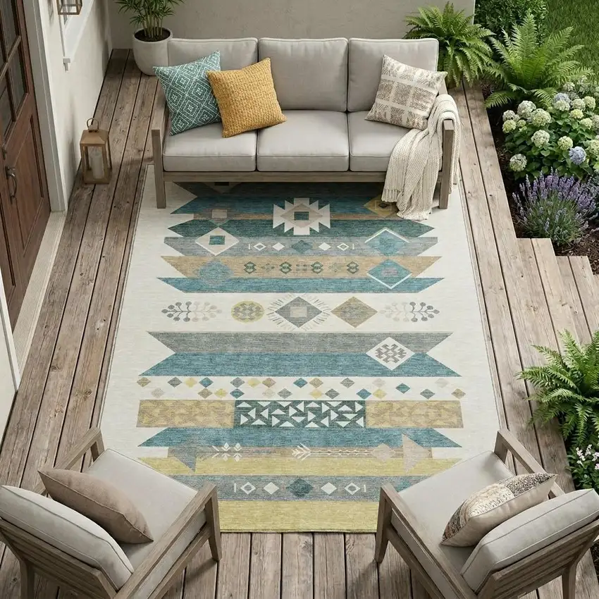 Ivory And Teal Blue Geometric Washable Indoor Outdoor Area Rug Photo 1
