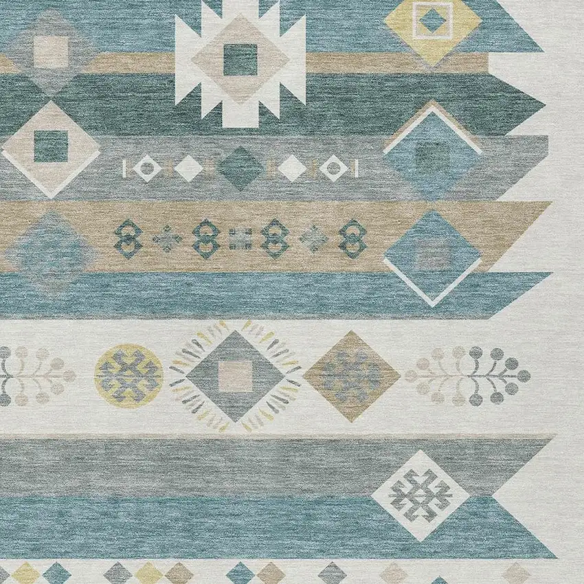 Ivory And Teal Blue Geometric Washable Indoor Outdoor Area Rug Photo 3