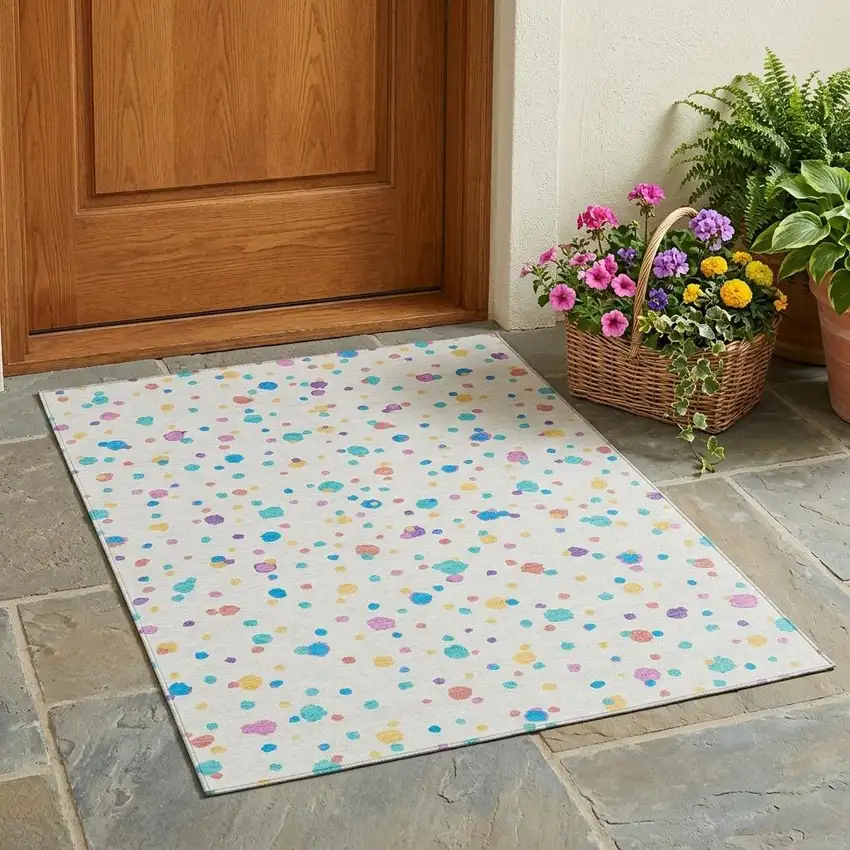 Ivory And Teal Blue Geometric Washable Indoor Outdoor Area Rug Photo 1