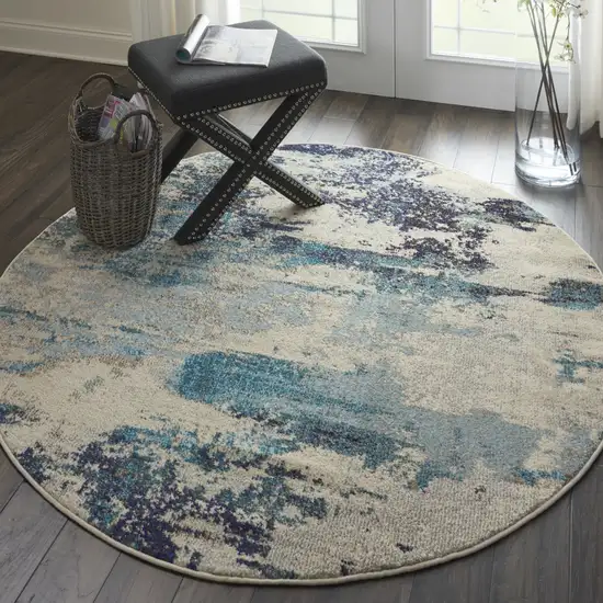 4' X 4' Ivory And Teal Blue Round Abstract Power Loom Non Skid Area Rug Photo 6