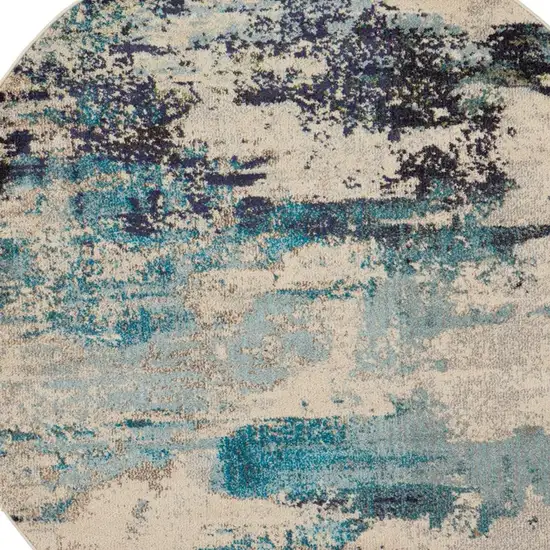 4' X 4' Ivory And Teal Blue Round Abstract Power Loom Non Skid Area Rug Photo 2