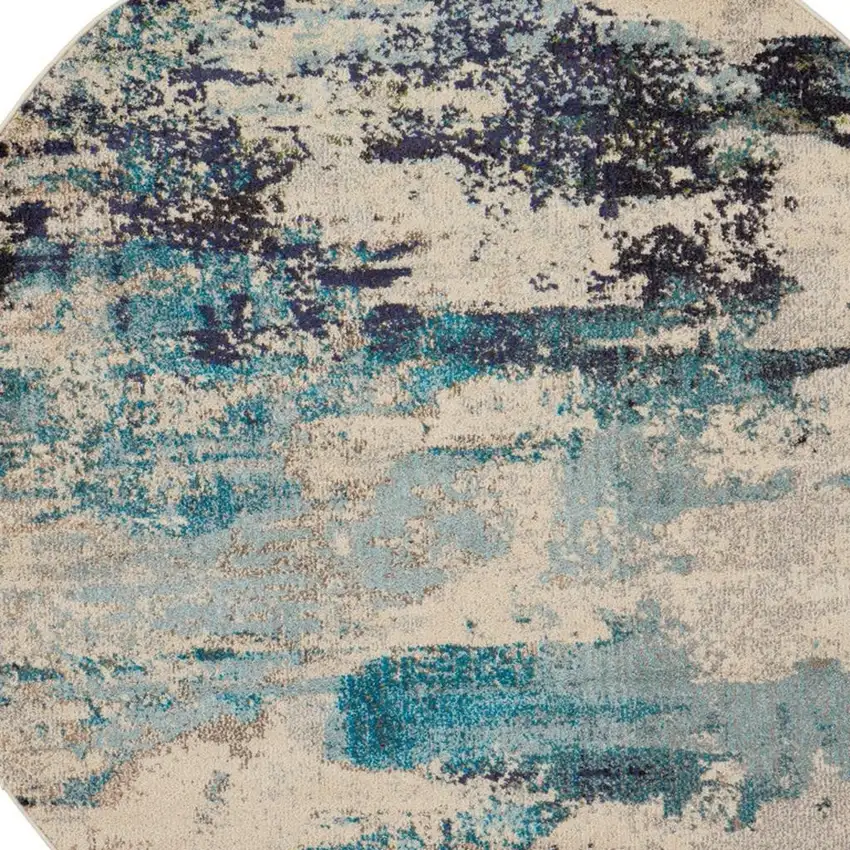 4' X 4' Ivory And Teal Blue Round Abstract Power Loom Non Skid Area Rug Photo 2