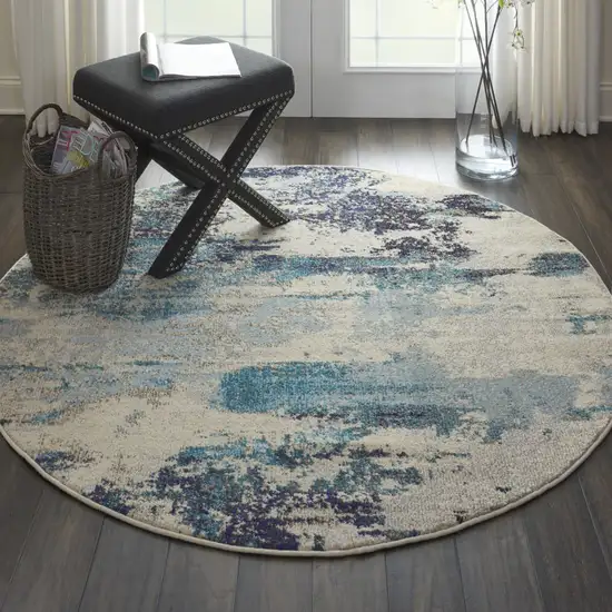 4' X 4' Ivory And Teal Blue Round Abstract Power Loom Non Skid Area Rug Photo 5