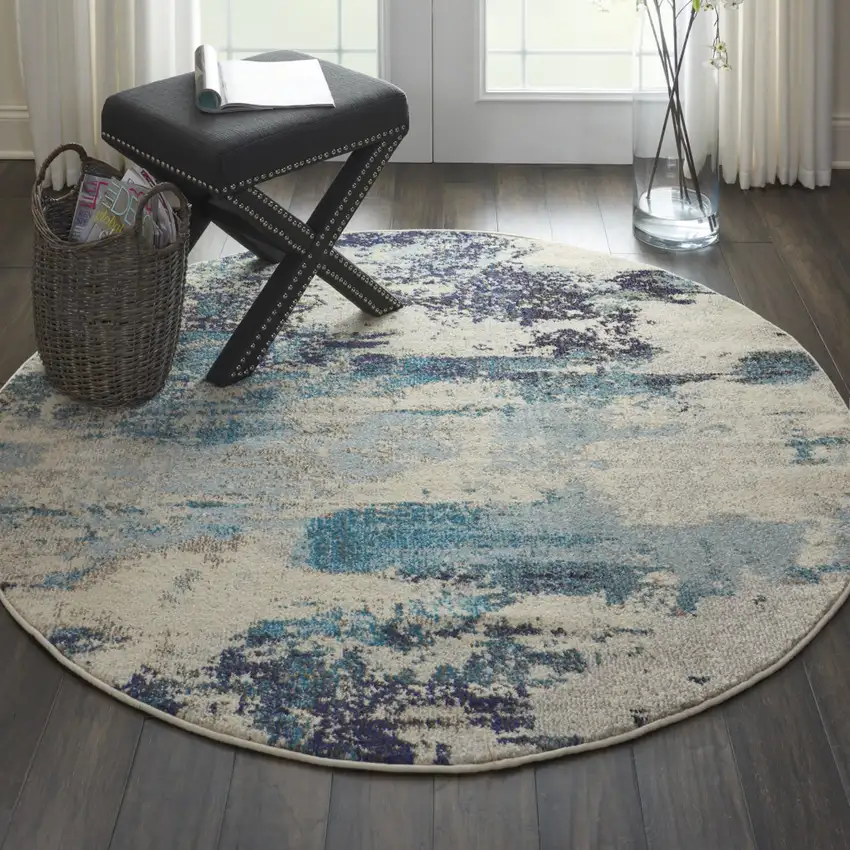 4' X 4' Ivory And Teal Blue Round Abstract Power Loom Non Skid Area Rug Photo 5