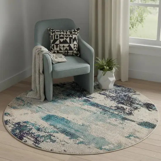4' X 4' Ivory And Teal Blue Round Abstract Power Loom Non Skid Area Rug Photo 1