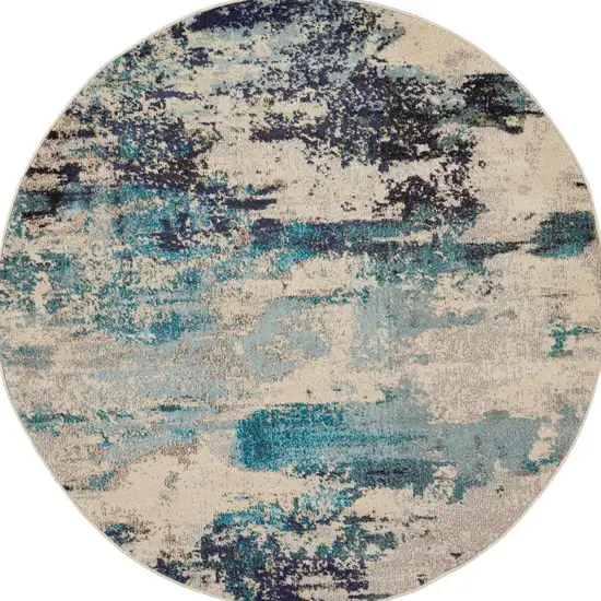 5' X 5' Ivory And Teal Blue Round Abstract Power Loom Non Skid Area Rug Photo 1