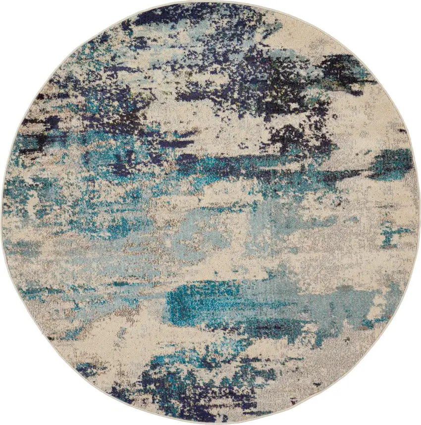 5' X 5' Ivory And Teal Blue Round Abstract Power Loom Non Skid Area Rug Photo 4