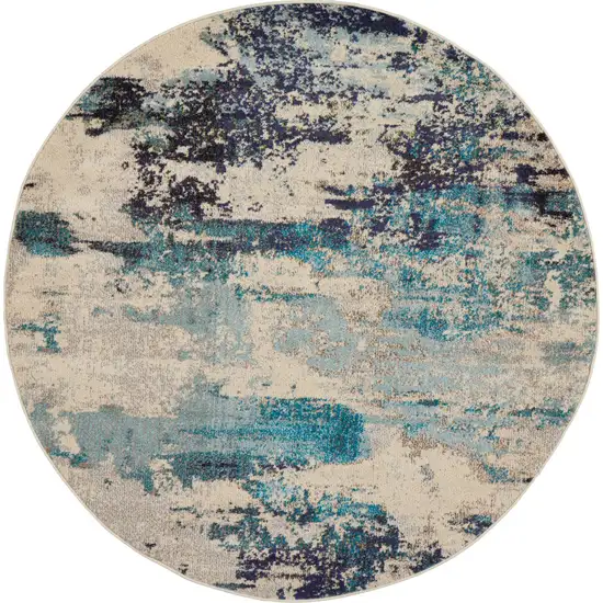 5' X 5' Ivory And Teal Blue Round Abstract Power Loom Non Skid Area Rug Photo 3