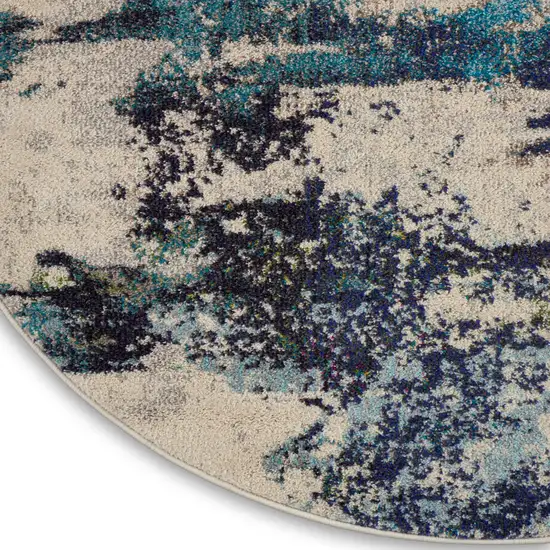 5' X 5' Ivory And Teal Blue Round Abstract Power Loom Non Skid Area Rug Photo 8