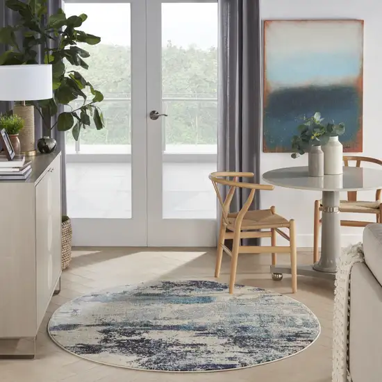 5' X 5' Ivory And Teal Blue Round Abstract Power Loom Non Skid Area Rug Photo 6