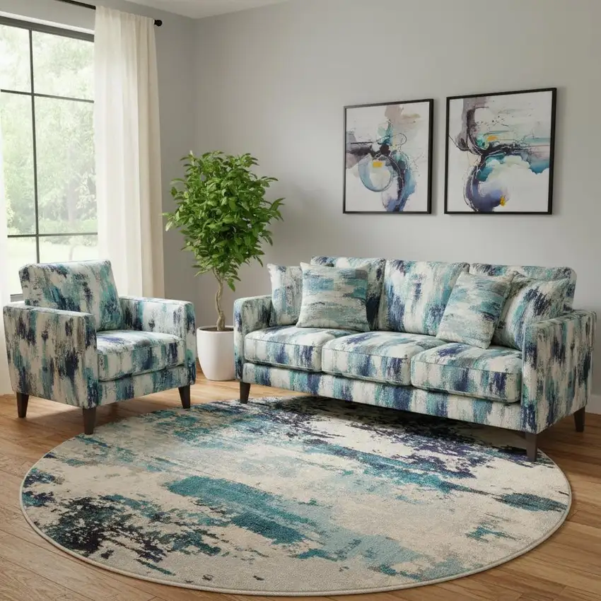 8' X 8' Ivory And Teal Blue Round Abstract Power Loom Non Skid Area Rug Photo 1