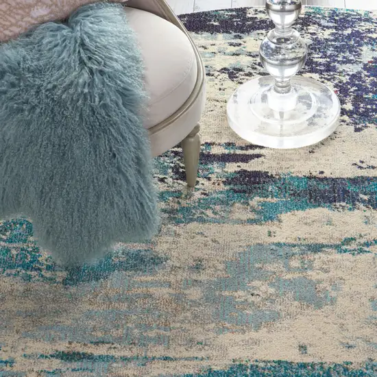 8' X 8' Ivory And Teal Blue Round Abstract Power Loom Non Skid Area Rug Photo 8