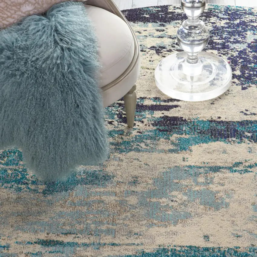 8' X 8' Ivory And Teal Blue Round Abstract Power Loom Non Skid Area Rug Photo 8