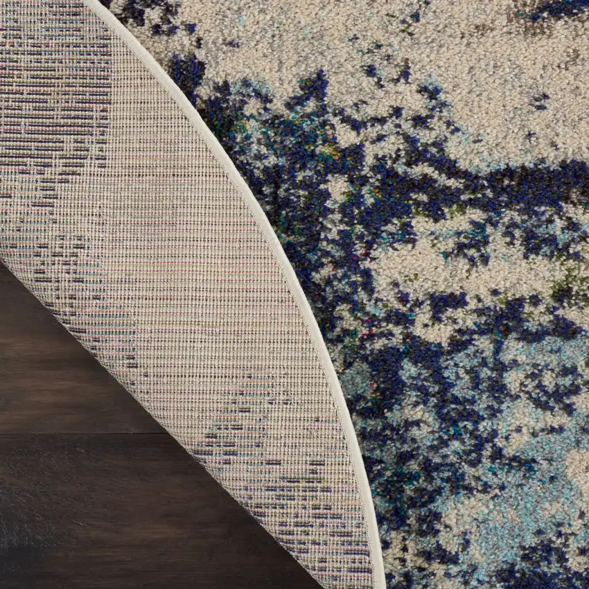 8' X 8' Ivory And Teal Blue Round Abstract Power Loom Non Skid Area Rug Photo 9