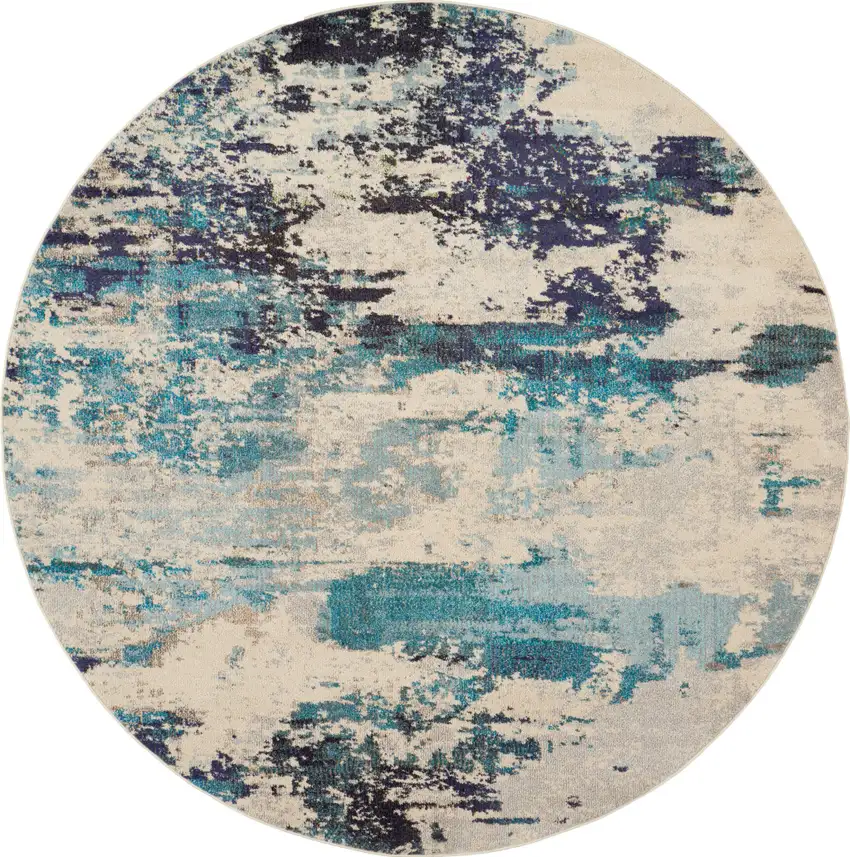 8' X 8' Ivory And Teal Blue Round Abstract Power Loom Non Skid Area Rug Photo 1