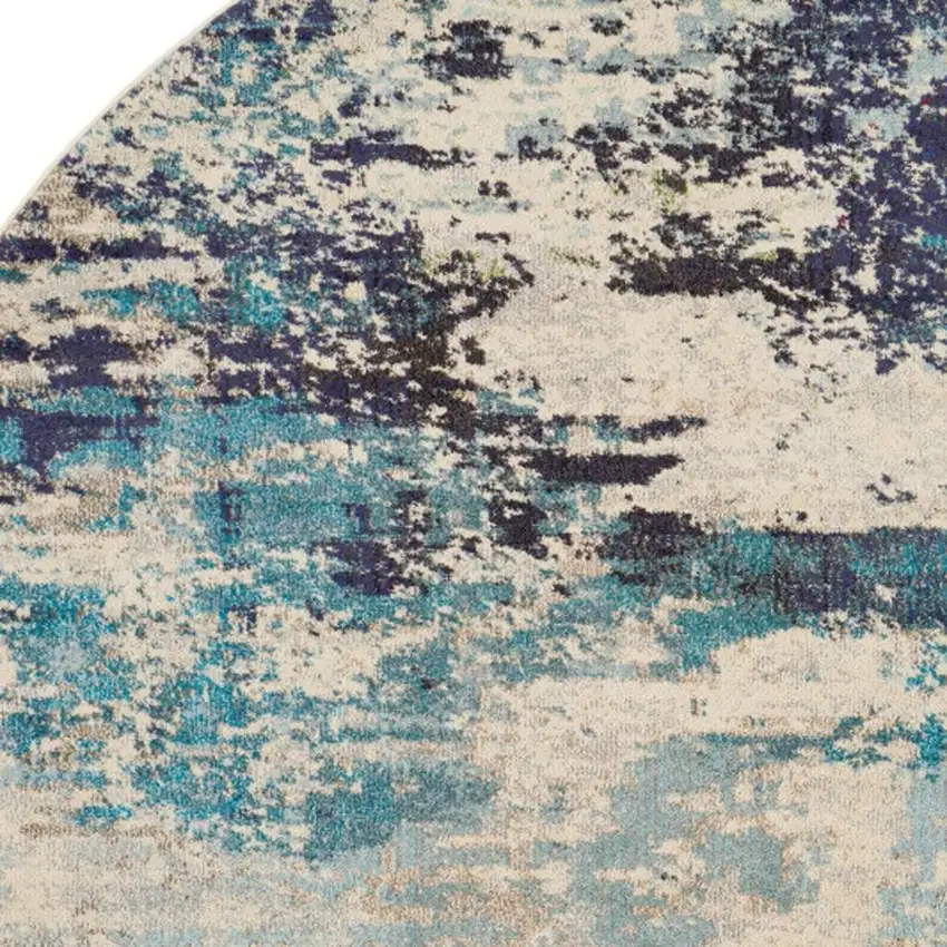 8' X 8' Ivory And Teal Blue Round Abstract Power Loom Non Skid Area Rug Photo 2