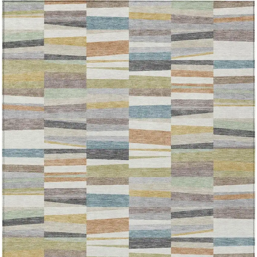 Ivory And Teal Blue Striped Washable Indoor Outdoor Area Rug Photo 3