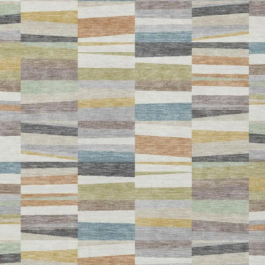 Ivory And Teal Blue Striped Washable Indoor Outdoor Area Rug Photo 2
