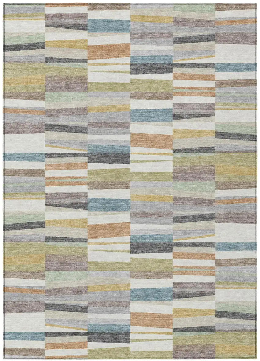 Ivory And Teal Blue Striped Washable Indoor Outdoor Area Rug Photo 1