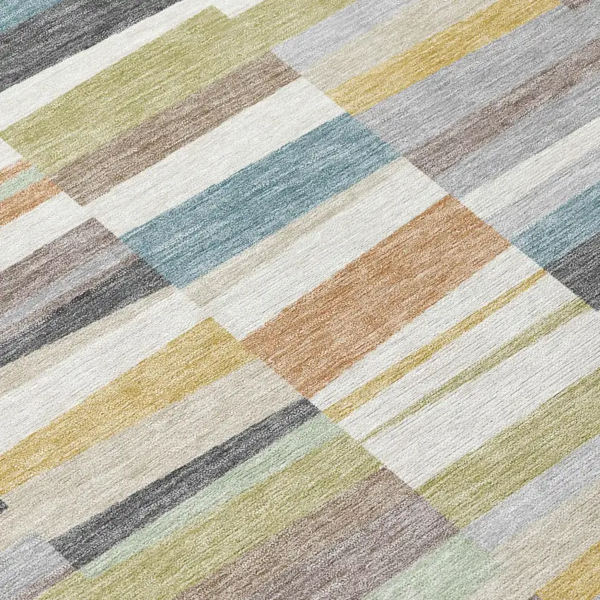 Ivory And Teal Blue Striped Washable Indoor Outdoor Area Rug Photo 5