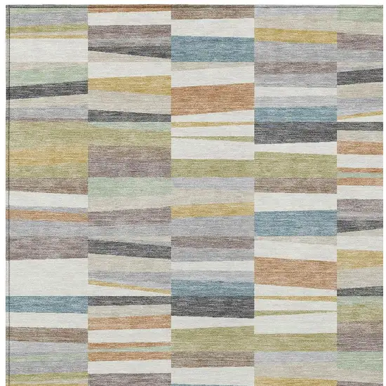 Ivory And Teal Blue Striped Washable Indoor Outdoor Area Rug Photo 2