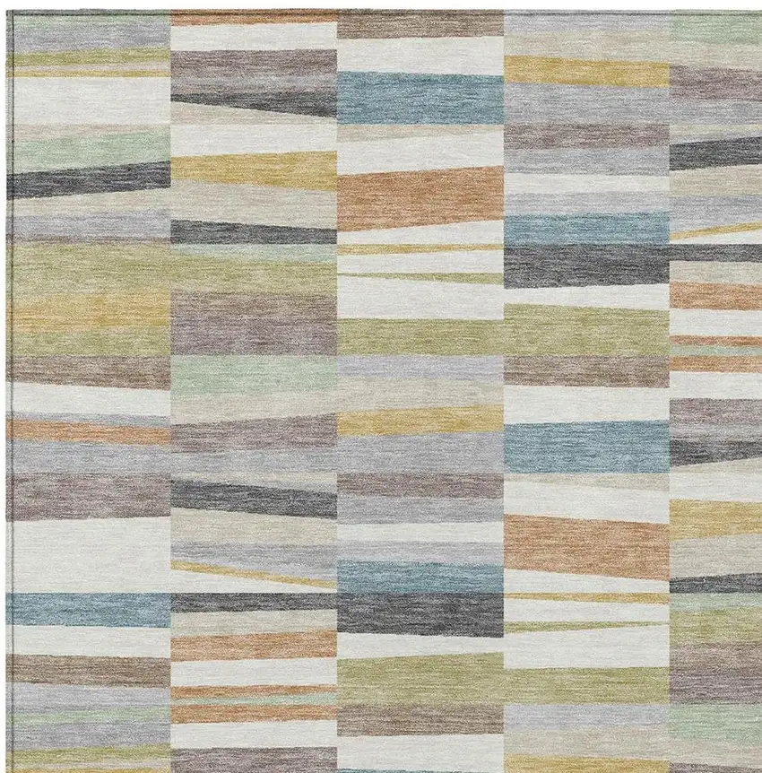 Ivory And Teal Blue Striped Washable Indoor Outdoor Area Rug Photo 2