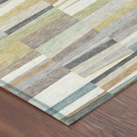 Ivory And Teal Blue Striped Washable Indoor Outdoor Area Rug Photo 4
