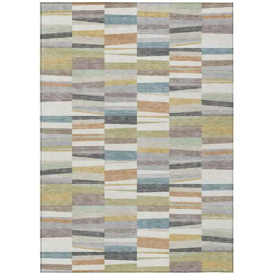 Ivory And Teal Blue Striped Washable Indoor Outdoor Area Rug Photo 1