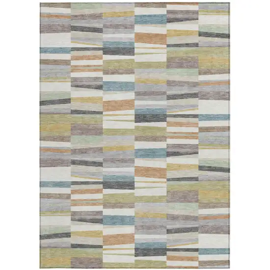 Ivory And Teal Blue Striped Washable Indoor Outdoor Area Rug Photo 3