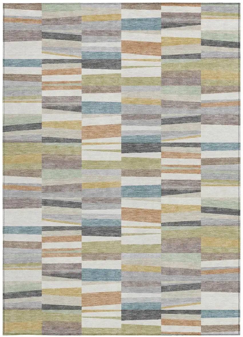 Ivory And Teal Blue Striped Washable Indoor Outdoor Area Rug Photo 3
