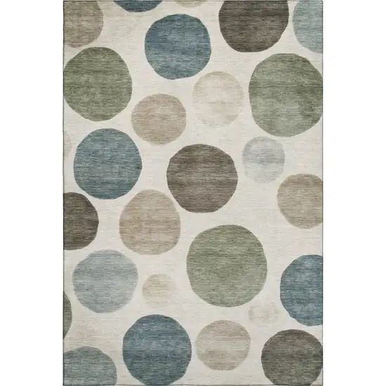 Ivory And Teal Geometric Washable Area Rug With UV Protection Photo 1