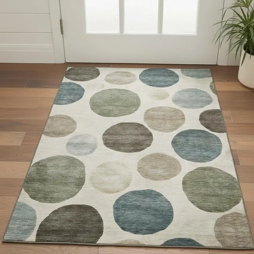 Ivory And Teal Geometric Washable Area Rug With UV Protection Photo 2