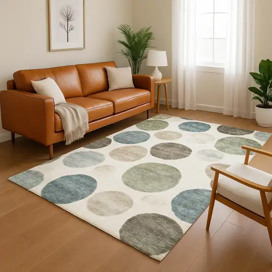 Ivory And Teal Geometric Washable Area Rug With UV Protection Photo 5