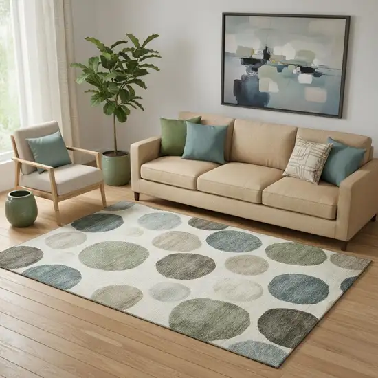 Ivory And Teal Geometric Washable Area Rug With UV Protection Photo 2