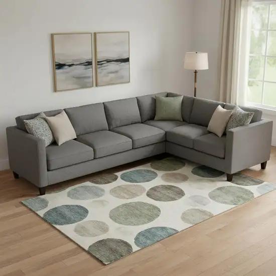 Ivory And Teal Geometric Washable Area Rug With UV Protection Photo 2