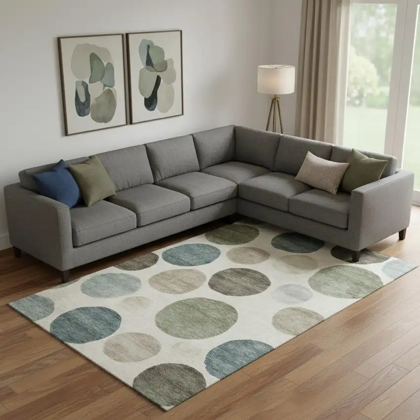 Ivory And Teal Geometric Washable Area Rug With UV Protection Photo 2