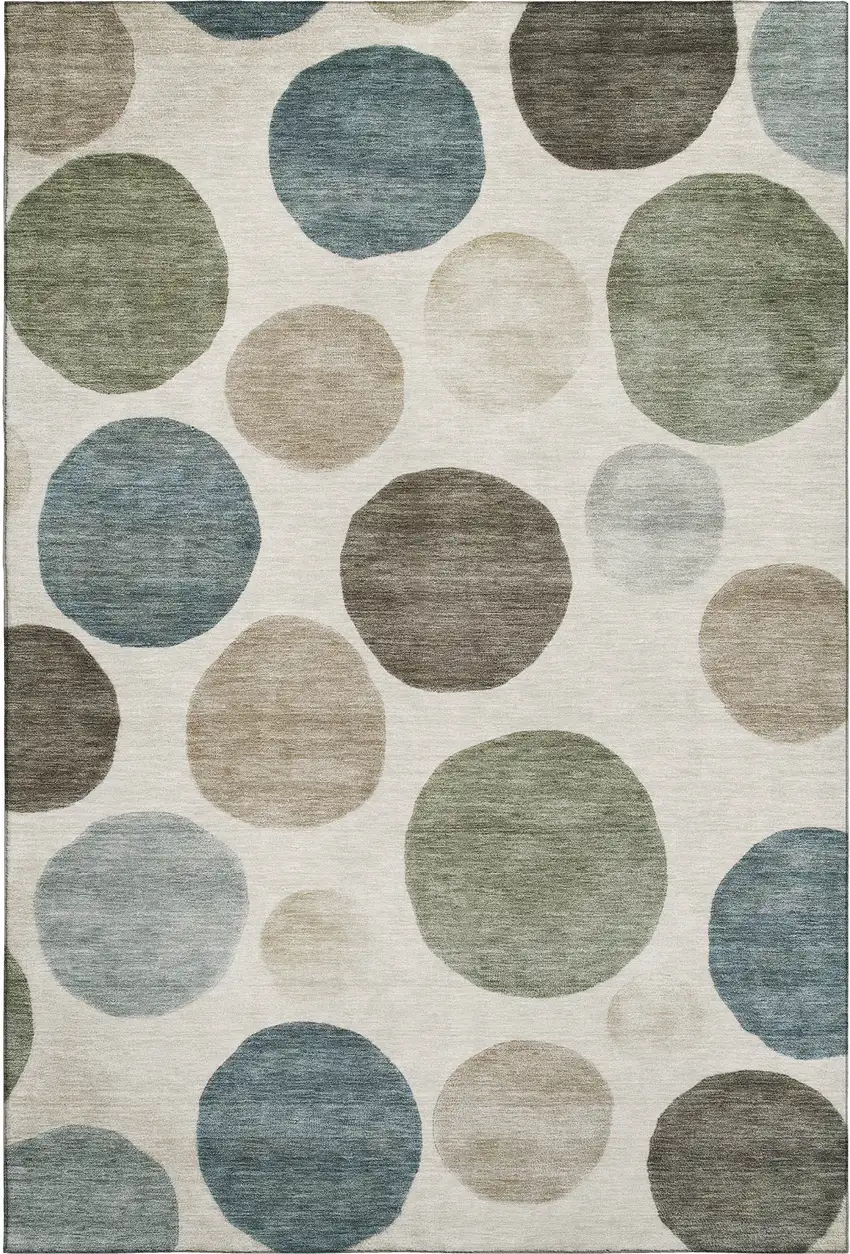 Ivory And Teal Geometric Washable Area Rug With UV Protection Photo 1