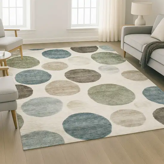 Ivory And Teal Geometric Washable Area Rug With UV Protection Photo 6