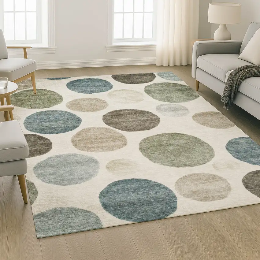 Ivory And Teal Geometric Washable Area Rug With UV Protection Photo 6