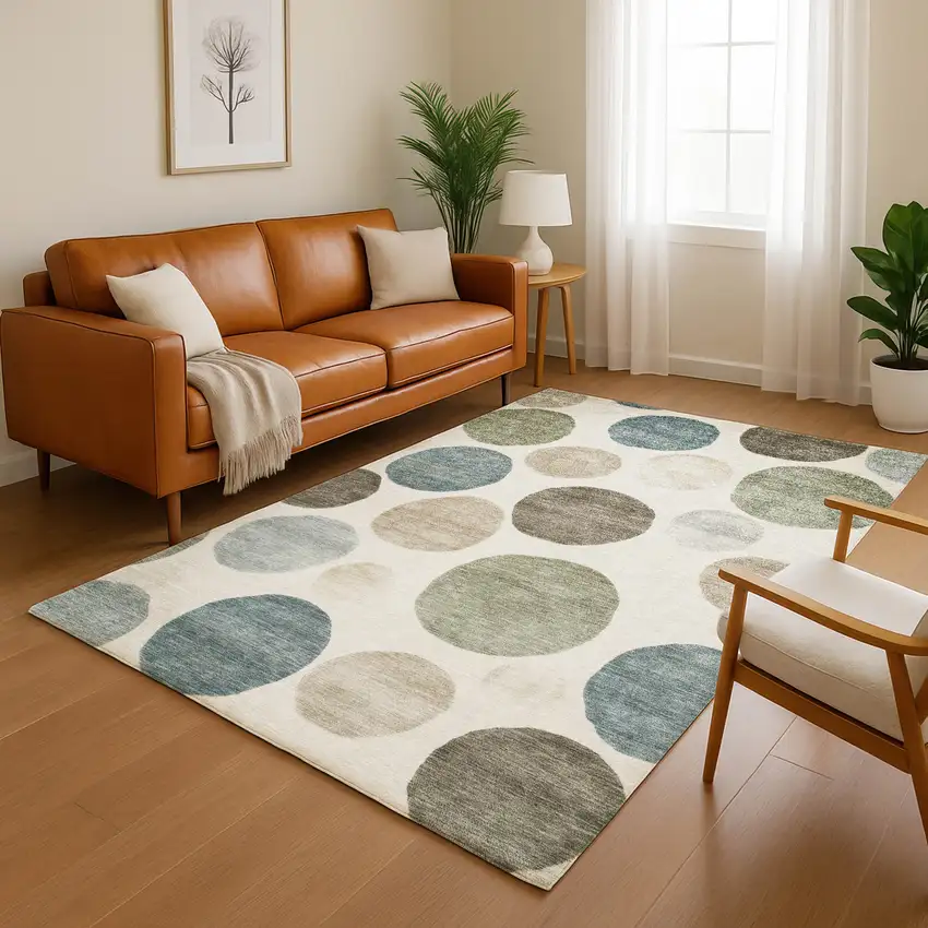 Ivory And Teal Geometric Washable Area Rug With UV Protection Photo 5
