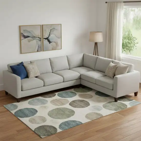 Ivory And Teal Geometric Washable Area Rug With UV Protection Photo 2