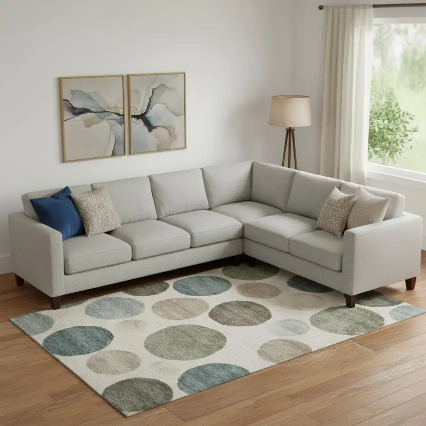 Ivory And Teal Geometric Washable Area Rug With UV Protection Photo 2