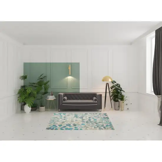 Ivory And Turquoise Botanical Leaves Area Rug Photo 1