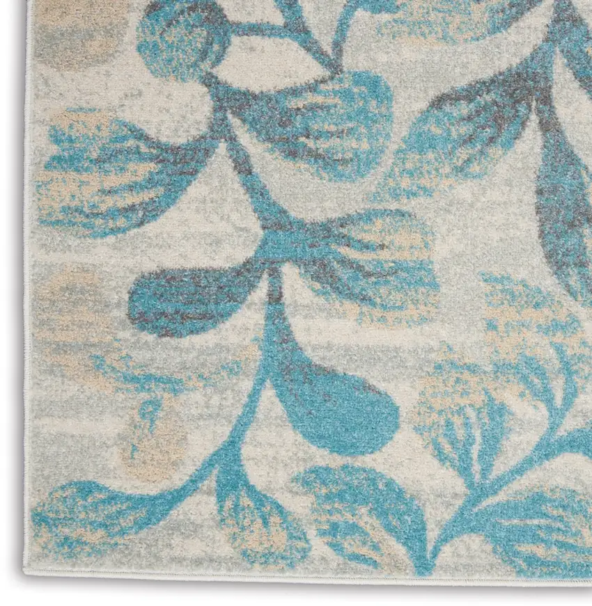 Ivory And Turquoise Botanical Leaves Area Rug Photo 9