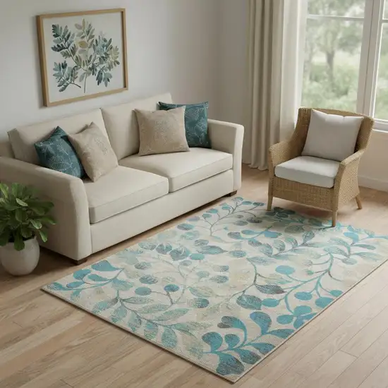 Ivory And Turquoise Botanical Leaves Area Rug Photo 1