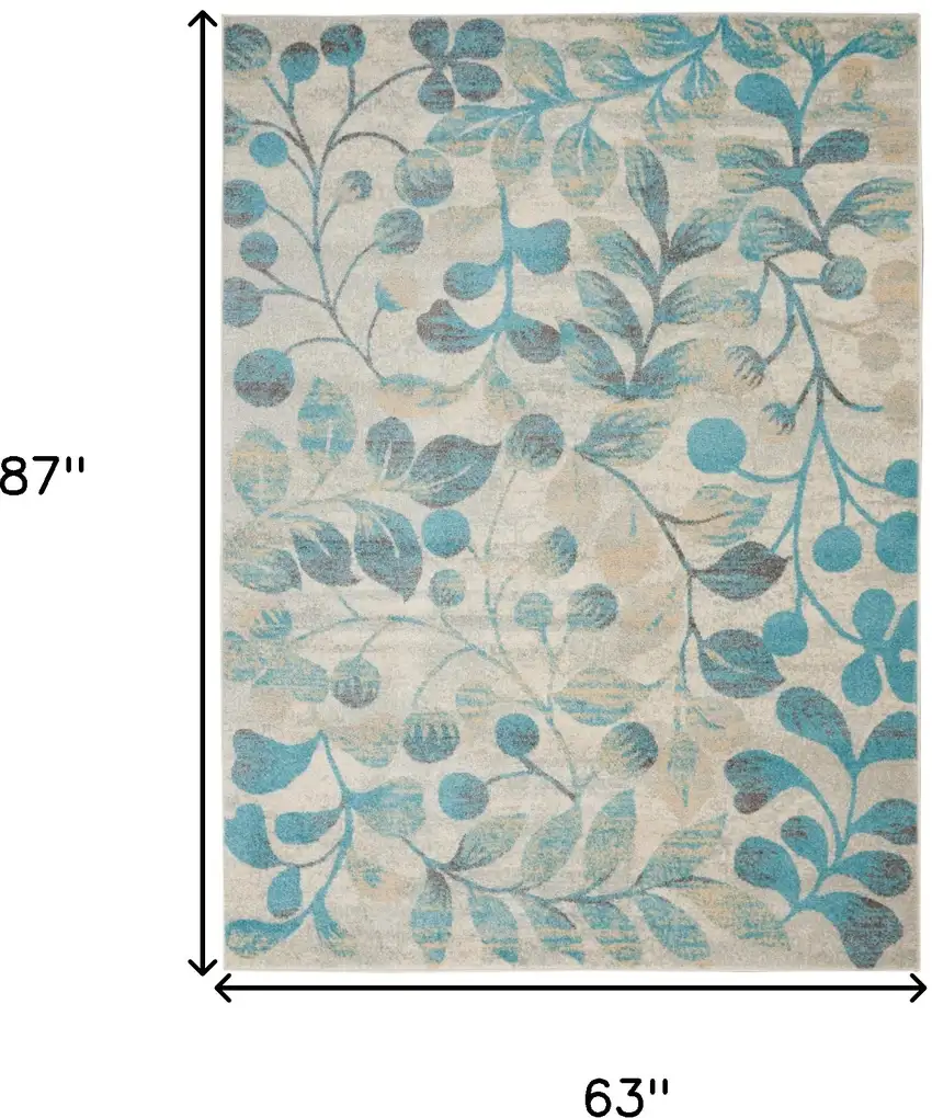 Ivory And Turquoise Botanical Leaves Area Rug Photo 3